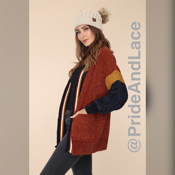 BRICK MULTI STRIPED CHENILLE CABLE KNIT CARDIGAN - Picture 4 of 8